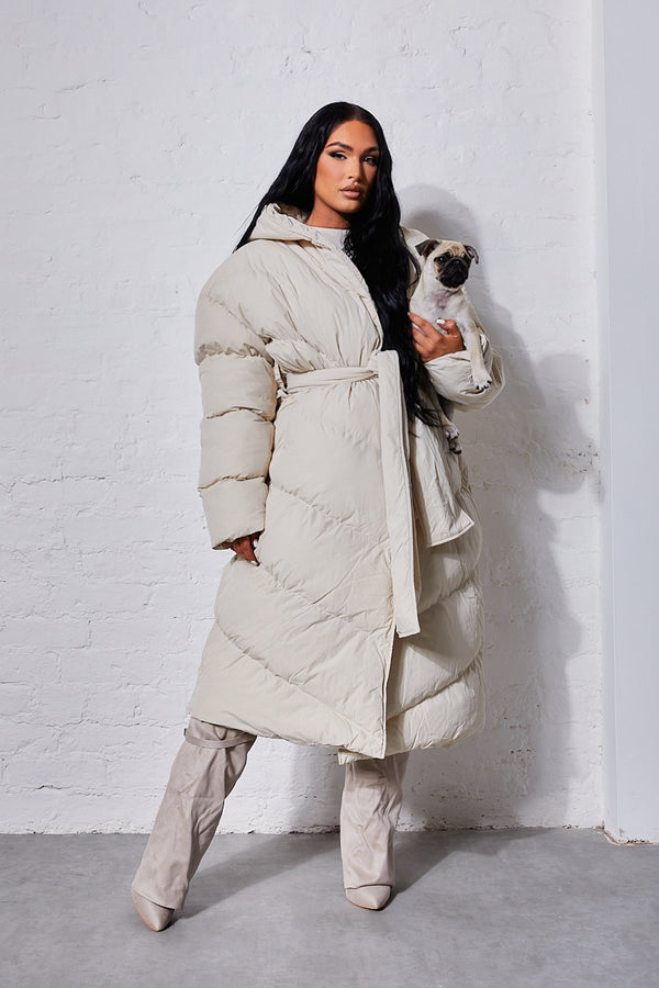 Long Line Belted Puffer - Cream