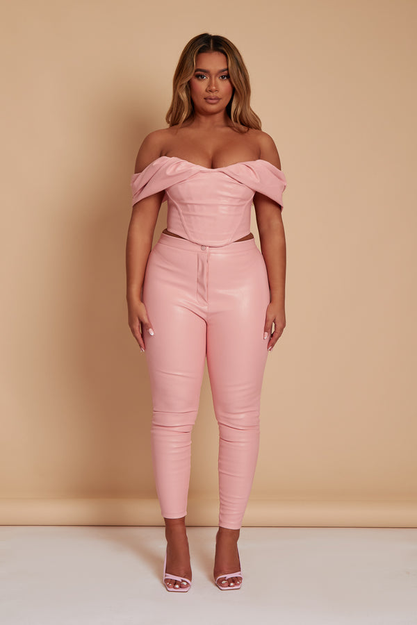 Baby pink skinny leather trousers