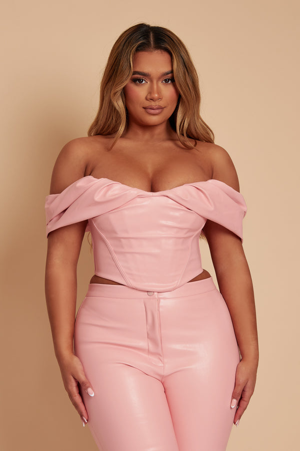 Off The Shoulder Leather Corset - Baby Pink